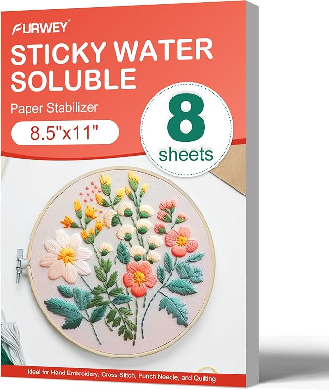 FURWEY Wash Away Embroidery Stabilizer,8PCS 8.5x11,Self Adhesive,Printable | Water Soluble Embroidery Paper, Self Adhesive & Printable, for Hand & Machine Use, 8.5 x 11 Inches, 8 Sheets