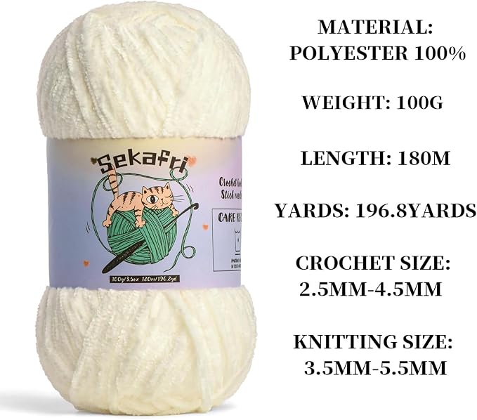 3 Pack of 300g (590yds) Fuzzy Chenille Yarn for Crocheting,Fluffy Amigurumi Crochet Yarn for DIY Craft/Hat/Clothes, Soft Velvet Baby Blanket Yarns（3 White）