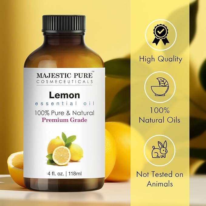 Majestic Pure Lemon Essential Oil for Diffuser - 4 Fl Oz | 100% Pure & Natural Essential Oils Ideal for Aromatherapy, Massage, Soap and Candle Making, Massage, Lemon Oil