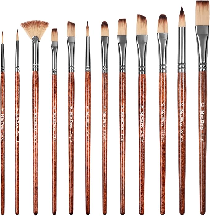 Nicpro 12pcs Paint Brush Set,Craft Paint Brushes for Acrylic & Oil Painting | Painting Brushes Kit with Flat Fan Round Angle Filbert for Watercolor Acrylic Gouache, Art Supplies for Artists and Beginners