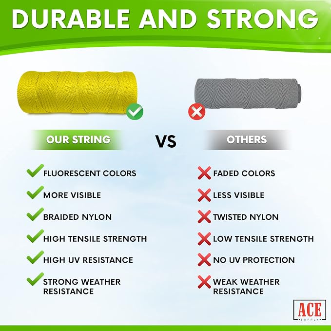 Yellow Mason Line String Line - 144 Roll Pack - #18 Braided Nylon String - 250 Ft Length Per Roll - Nylon Twine for Gardening Or Masonry Tools - Perfect Construction String for A String Level