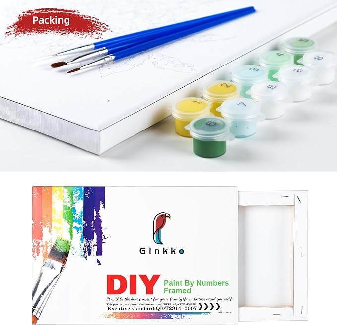 Ginkko Bird Framed Paint by Numbers Kit for Adults 8X 12 inch, Flowers | Beginners & Kids Ages 8-12, Flower DIY Acrylic Canvas Painting with Paints & Brushes, Original Art Decor Gift for Home Wall