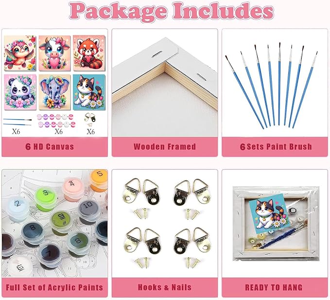 SYDYLH 6 Pack Framed Paint by Numbers Kit for Kids & Adults Beginners, Easy Animal Paint by Numbers Kits with Canvas Paints Brushes, Acrylic Oil Painting Arts and Crafts for Wall Decor 8 x 8 Inch