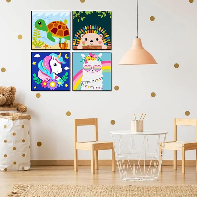 CarlonLin Framed 4 Pack Paint by Number for Kids, Paint by Numbers for Kids Ages 8-12, Paint by Numbers Kits Children Beginner, DIY Acrylic Oil Painting for Home Wall Decor (8x8inch)