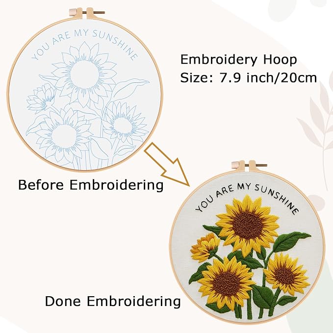 Nuberlic Sunflower Embroidery Kit for Beginners | Adults Starter Cross Stitch Kit DIY Needlepoint with Hoop, Pre-Printed Fabric, Threads & Step-by-Step Guide