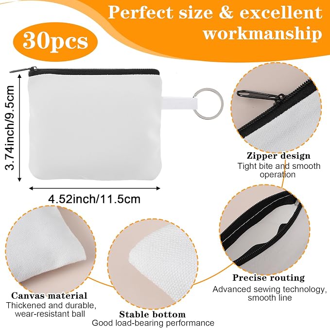 30 Pcs Blank Small Coin Canvas Makeup Bags Bulk Cosmetic DIY Craft Pouch with Zipper Coin Purse Pencil Pouch Travel Toiletry Organizer (White)