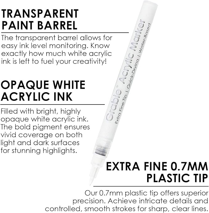 Grabie 6 White Acrylic Paint Markers, 0.7 mm Extra Fine Tip