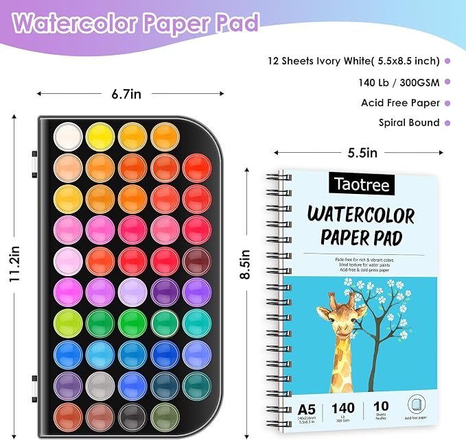 Taotree 48 Watercolor Paint Set with 10 Paint Brushes and Watercolor Book | Watercolor Workbook, Watercolor paper, Water Coloring Book with Palette, Drawing Pad, Painting Art Supplies for Adults Artist