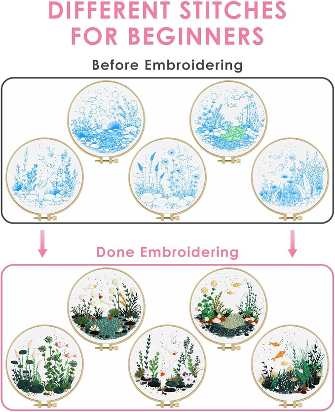 TINDTOP 5 Pack Embroidery Kit for Adult, Embroidery DIY Starter Kit | with Fish World Stamped Patterns, Hoop, Tools, Colorful Threads with Needles, Instructions