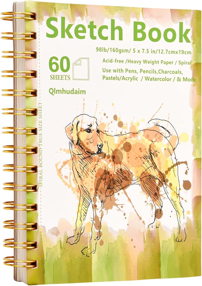 Qlmhudaim Mixed Media Sketchbook, 5"x7.5", 60 Sheets 160gsm/98lb Acid-Free Paper, Spiral Bound Sketch pad for Crayon, Marker, Color Pencil & Sketching,Multi-Medium Art Notebook for Beginners, Teens.