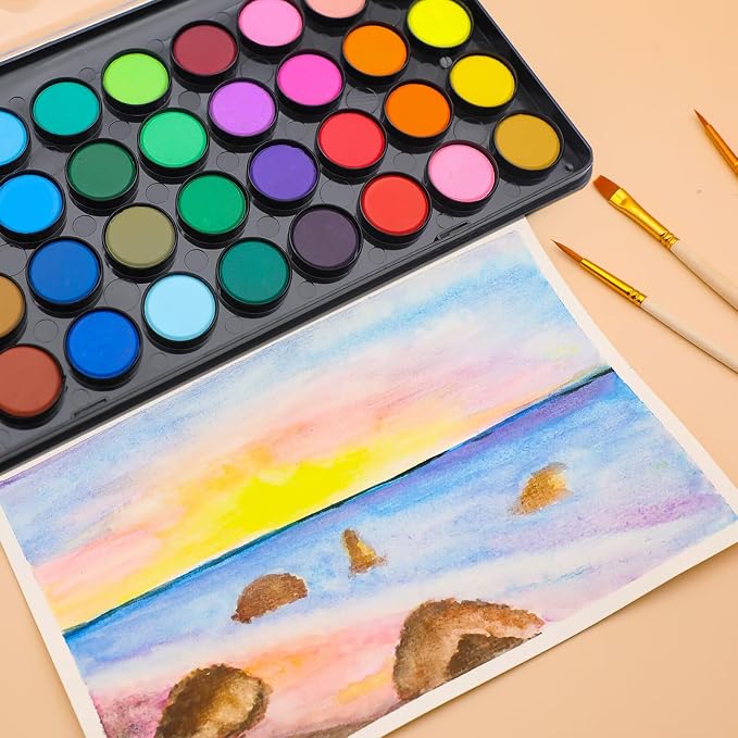 Artecho 36 Colors Watercolor Paint Set with 3 Brushes, Washable, Travel Design, Perfect for Card Making, Illustrations, Painting, Calligraphy | Washable Pan Watercolor, Travel Portable Design, for Card Making, Illustrations, Painting