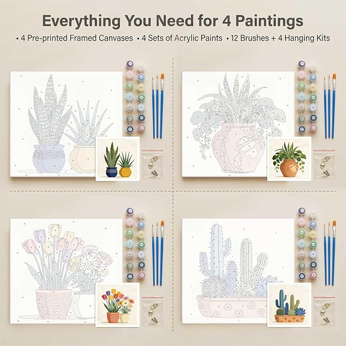 Amphol Framed Paint by Numbers Kit for Adults Beginners - 4 Pack 10”x10” Easy Plant Potted Paint by Number on Framed Canvas, DIY Small Frame Painting Arts with Acrylic Paints for Home Wall Decor Gift