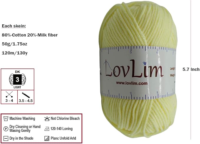 Yarn Pack, 2 skeins of 50g Each, Soft Cotton Yarn for Crochet and Knitting, Craft DK Amigurumi Yarn (Baby Yellow)