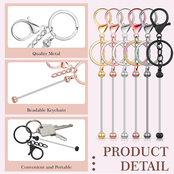 Tondiamo 12 Pcs Beadable Keychains Bars Bulk Blank Beaded Metal Keychain for Craft DIY Gift