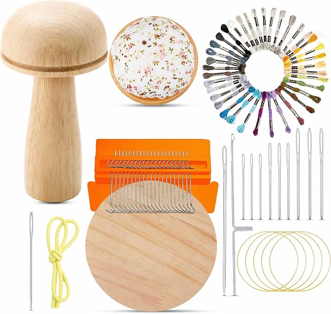 Jexine Mini Darning Mushroom for Socks 21 Hooks Small Speedweve Style Weaving Darning Loom with 9 Pcs Large Eye Needles 50 Colors Thread for Handcraft DIY Weaving Repair Tool(Orange)
