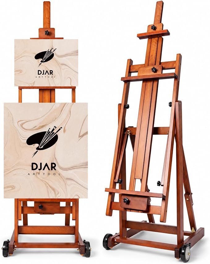 DJAR Large H-Frame Painting Easel for Adults, Solid Beech Wood, Walnut | Movable & Tilting Flat Floor Stand, Holds Canvases up to 78", Adjustable Heavy Duty Studio Art Easel for Artists