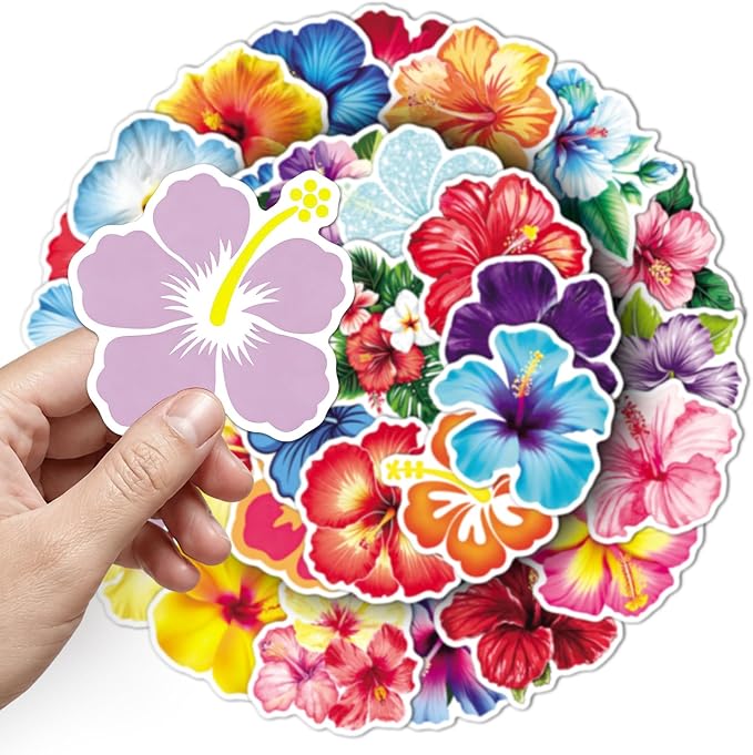 50pcs Aesthetic Hibiscus Stickers, Tropical Flowers Stickers, Hibiscus Flower Aesthetic Decals for Laptop Computer Notebook Scrapbook Water Bottle Waterproof Funny(colours-F15)
