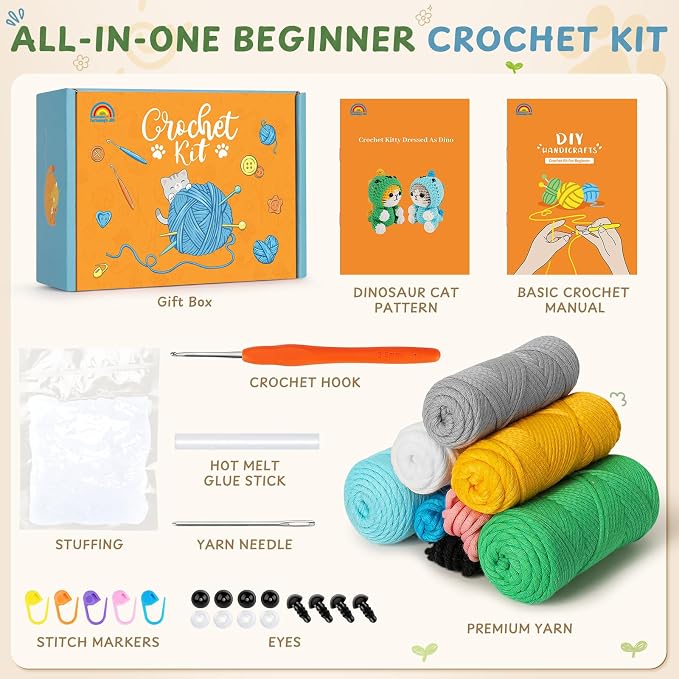 Fortuning's JDS Crochet Kit for Beginners, 2 Pack Dinosaur Cat Crochet Kit