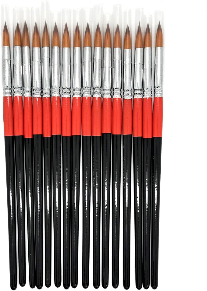 Size #6 Pointed Round Paint Brush Set of 16, Premium Taklon Synthetic Hair | No Shedding Bristles for Acrylic Watercolor Oil Gouache Tempera Enamel Ink Painting for Students, Professionals & Artists
