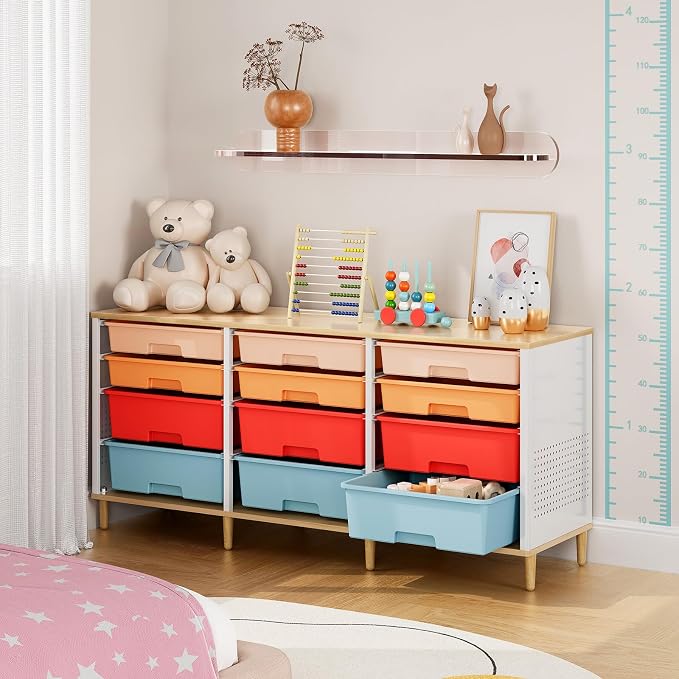 TOOLF 12 Drawers Storage Cabinet with Wooden Top and Plastic Bins,Colorful | Toy Shelf Storage Chest Cubby Organizer, for Home, Office, Playroom, Classroom & Craft Room