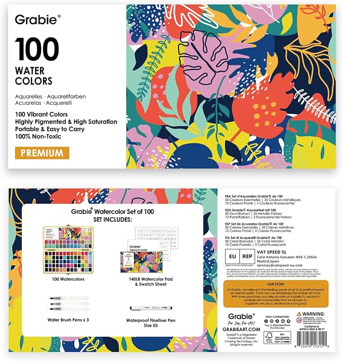 Grabie Set of 100 Color Premium Watercolor Paint Set with Brush Pens | Brush Pens And Paper Pad Included, Waterproof Fineliner, Portable Art Kit, High Pigment Paints, Smooth Color Blending