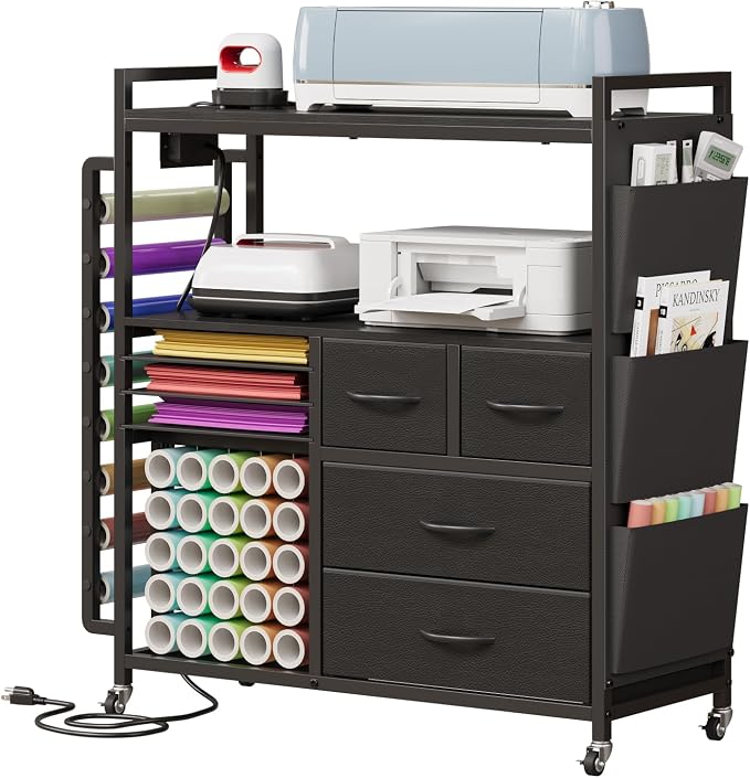 VENNQD Large Craft Organizer and Storage Rolling Cart Compatible with Cricut Machine with Fabric Drawers Vinyl Roll Holder Accessories for Home Craft Workstation Room (Black)