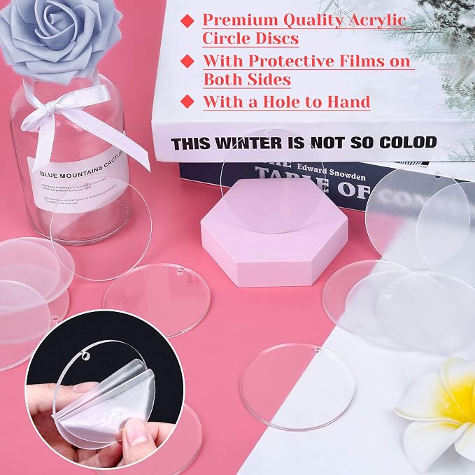 Audab Acrylic Keychain Blanks - 30 Pcs, 2.5 Inch, Clear, Round with Hole for Engraving, DIY Projects, Art Crafts