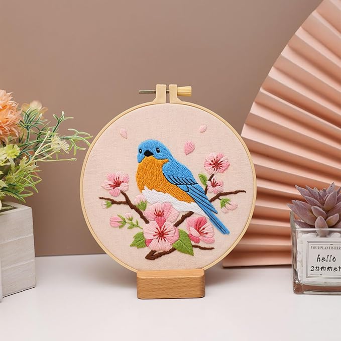 Louise Maelys Blue Bird Embroidery Kit for Beginners, DIY Floral Kit | Needlepoint Kit with Hoop, Printed Fabric, Threads, Needles and Instructions. Perfect for DIY Cross Stitch Kits craft at home