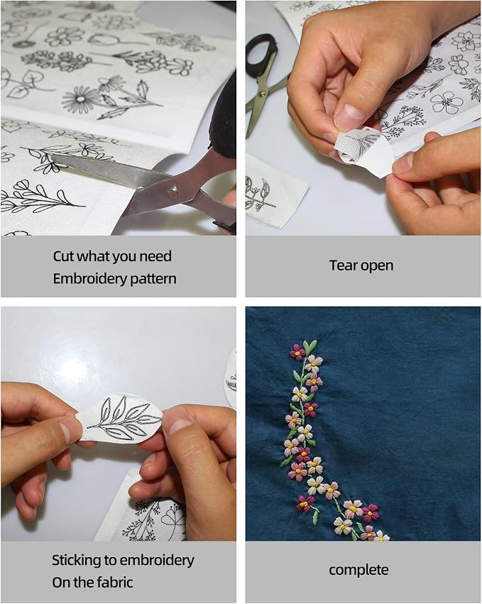 YUYUZSEN 59 Pcs Water Soluble Hand Sewing Stabilizers, Embroidery Stick and Stitch Embroidery Paper Wash Away, Floral Patterns for Hand Sewing Lovers, Adults (Plants Flowers)