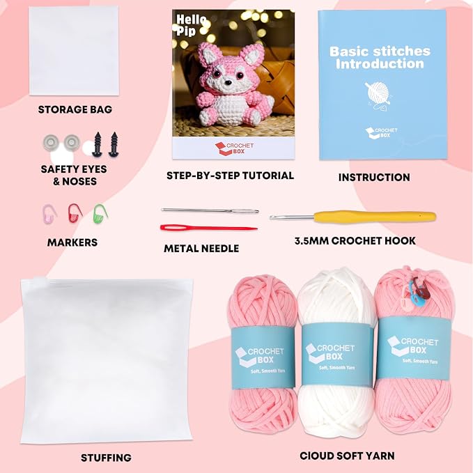 CrochetBox Crochet Kit for Beginner, Fox Easy Learn How to Crochet Stuffed Animals Gift for Adults and Teen(), Knitting Set with Yarn Hook Stitch-by-Stitch Video Tutorial(30%+ Yarn)