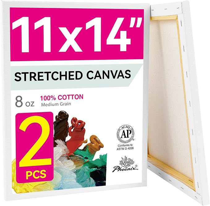 PHOENIX 11x14 Inch Pack of 2 Canvas - Stretched Canvases for Painting, 8 Oz Triple Primed 5/8 Inch Profile 100% Cotton White Blank Framed Canvas for Oil Acrylic & Pouring Art