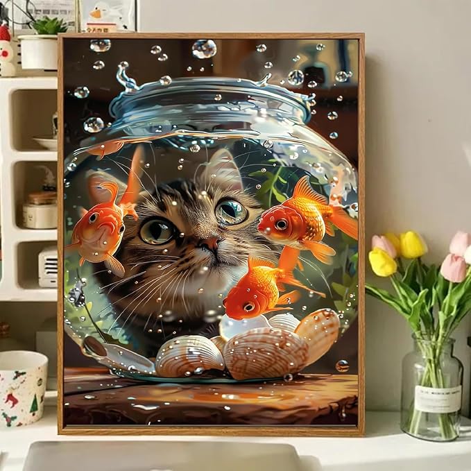 Cat Goldfish Paint by Numbers Kit for Adults Framed Canvas, Frameworkless | Easy Adult Paint by Number Kits on Canvas DIY Cat Goldfish Painting for Beginners Art by Numbers for Home Wall Decor 12X16 in