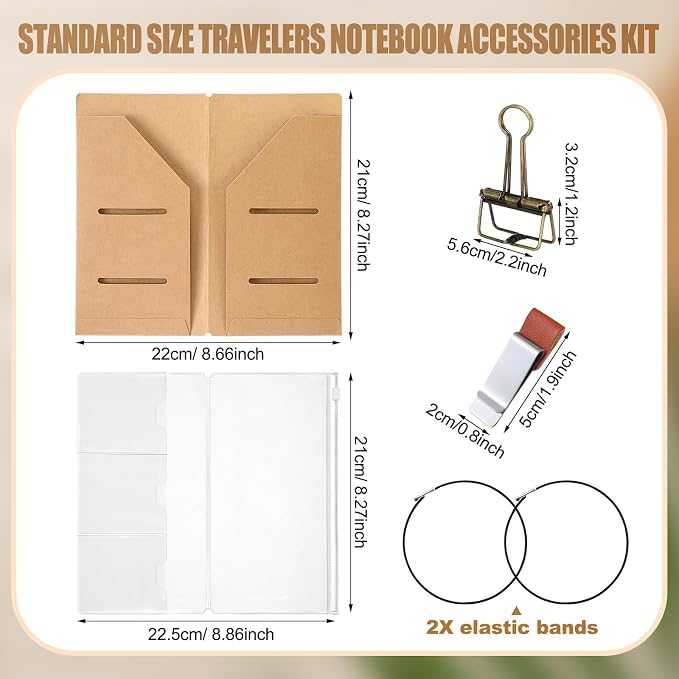 Mooliwe 1 Pack Travelers Journal Notebook Accessories Kit, Standard Size | Kraft File Folder, Zipper Case, Pen Holder, Binder Clip and Elastic Bands, Refillable Insert Organizer for Travel Journals