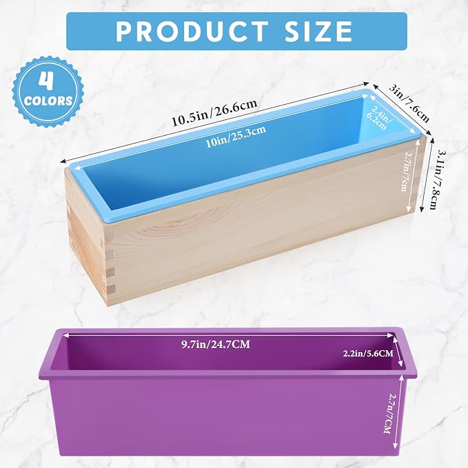 Ziliny 4 Pcs Flexible Rectangular Soap Mold Silicone Molds with Wood Box Soap Loaf Making Supplies DIY Tool for Making Craft(Purple, Green, Blue, Pink)