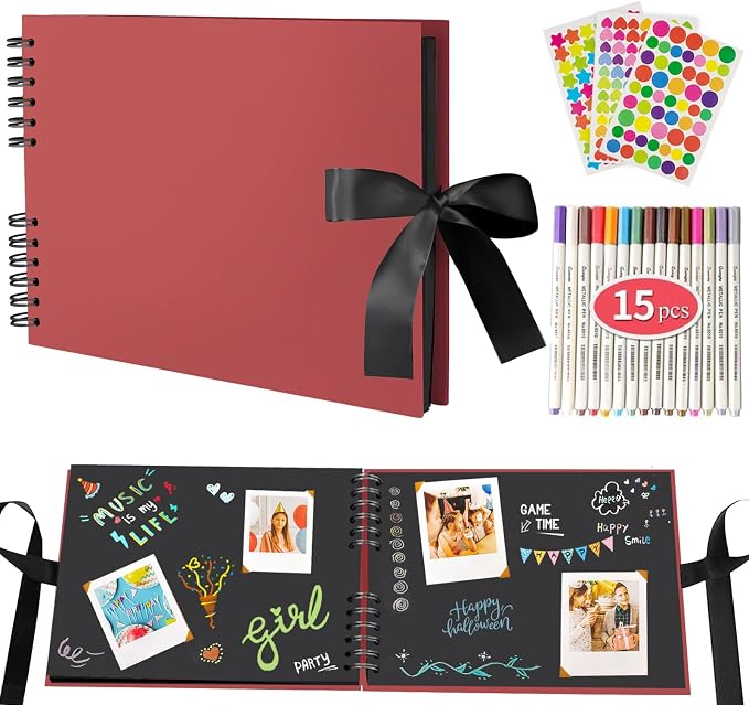 EVNEED 11.5 x 8.5 Inch Scrapbook Photo Album,Wedding Guest Book Anniversary Memory Scrapbooking,Wedding Photo Album with DIY Accessories Kit for Craft Paper DIY,80 Pages (40 Sheets),Red
