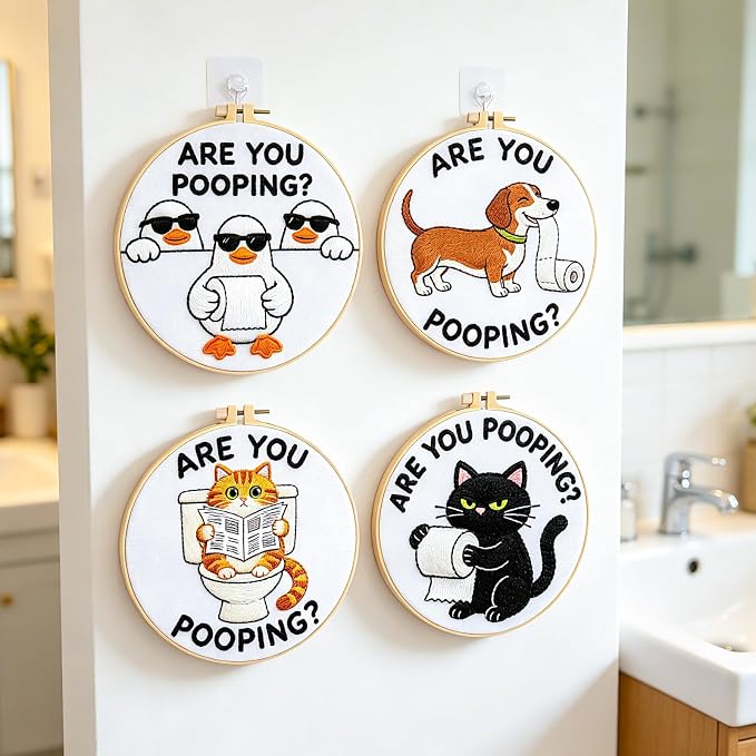 BEUNITONE 4 Pack Beginner Embroidery Kit for Adults, Funny Animal Pre-Stamped Pattern Needlepoint Kits with Hoop, Tools & Instruction, 7.9"x7.9" Hand Embroidery Kits for Fabric and Home Decor
