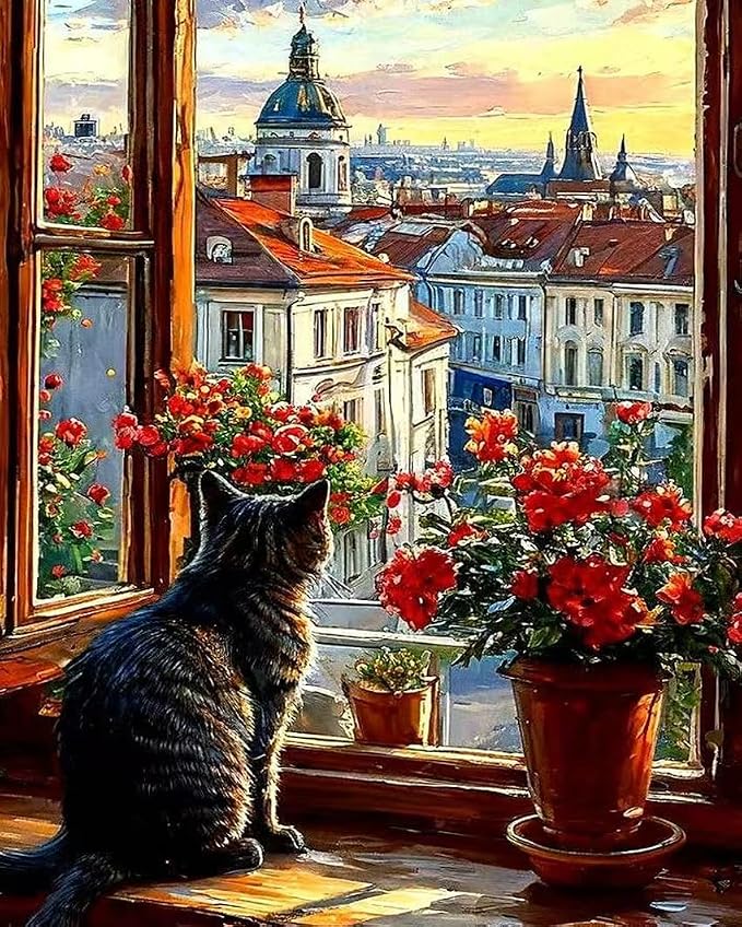 ZRIZQ Paint by Numbers Kit for Adults Beginner,Cityscape Cat,16x20 | Full set with wooden brushes,rolled canvas,rich paints.Calming activity.Beginner friendly.Just open and paint.