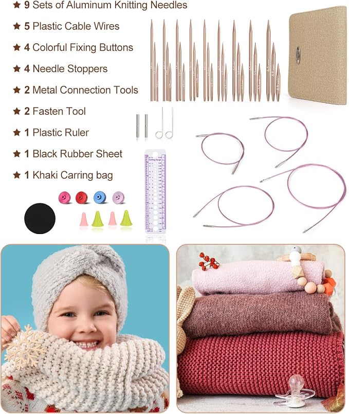 Aeelike Interchangeable Knitting Needles Set for DIY Crafts, Rose Gold | Aluminum Interchangeable Knitting Needles with 4 Cables, Smooth Complete Needles Set for Socks Blankets Sweaters, Ideal Gift