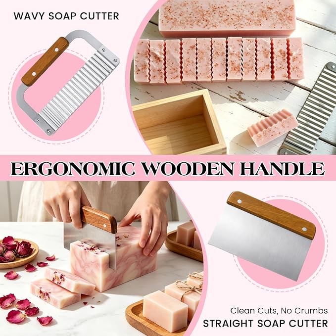 SJ 2-Pack 42 oz Soap Making Kit with Loaf Molds, Wooden Box & Cutters | Pink & Purple Silicone Loaf Molds, 2 Wooden Boxes, Straight & Wavy Cutters, Reusable, Perfect for DIY Gifts