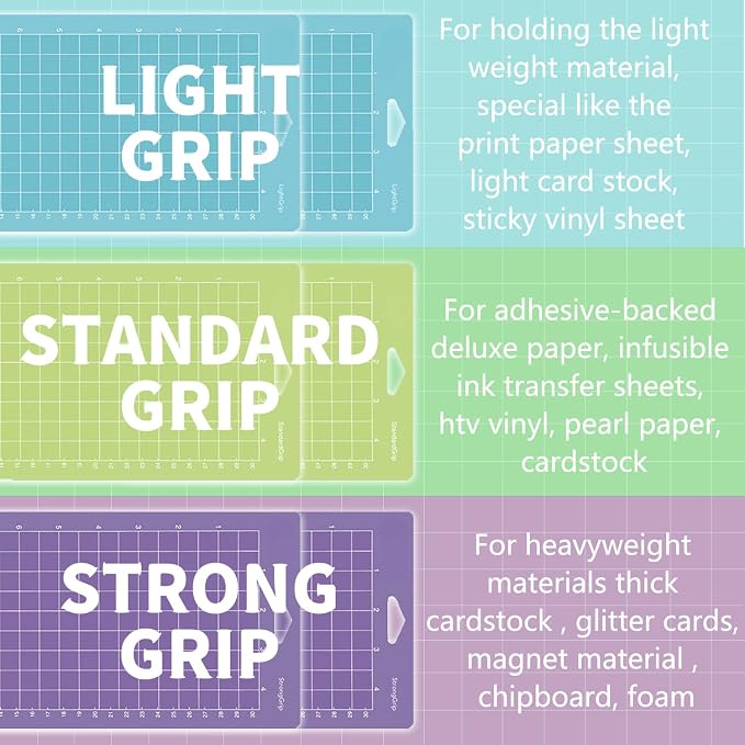 THANMAO 4.5" x 12" + 4.5" x 6.5"Cutting Mat，Blue Light Grip/Green Standard Grip/Purple Strong Grip, Adhesive Cutting Mats，Accessories for Cricut Joy（6 Pack）