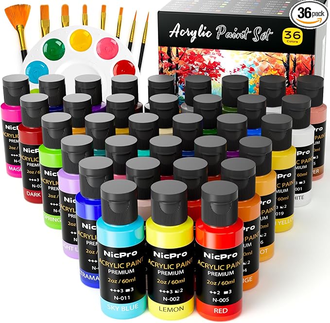 Nicpro Acrylic Paint, 36 Colors Acrylic Paint Set with Brushes & Palette | 2oz/60ml Bottles, Non-Toxic Rich Pigments Art Supplies Kit, Painting on Canvas Rocks Ceramic Wood for Beginners, Artists