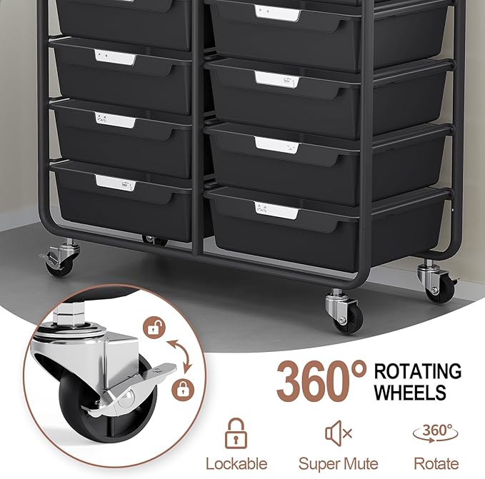 10 Drawers Rolling Cart with Wooden Tabletop, Utility Storage Cart with Wheels, Art Supply Craft Organizer on Wheel with Metal Frame & Handles for Home Office School,Black | Easy Setup, Large Capacity, Sturdy Build, Lockable Mobility, For office, class...