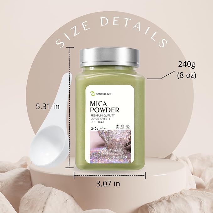 Mica Powder, Tea Green, 240g with Scoop, Complies with ASTM D-4236 | For Epoxy Resin, Soap, Bath Bomb, Candle| Safety Material| Odorless| Brilliant Colors