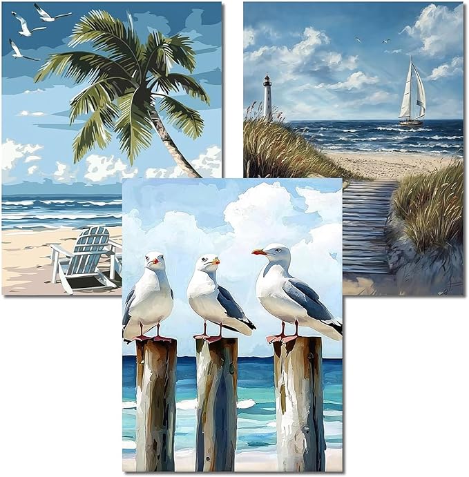 PHANTASYART 3 Pack Beach Paint by Numbers Kit for Adults 12x16inch | Adult Paint by Numbers, Beach-Theme Canvas Paint by Numbers for Adults, DIY Acrylic Paint Kit for Gifts Home Decor