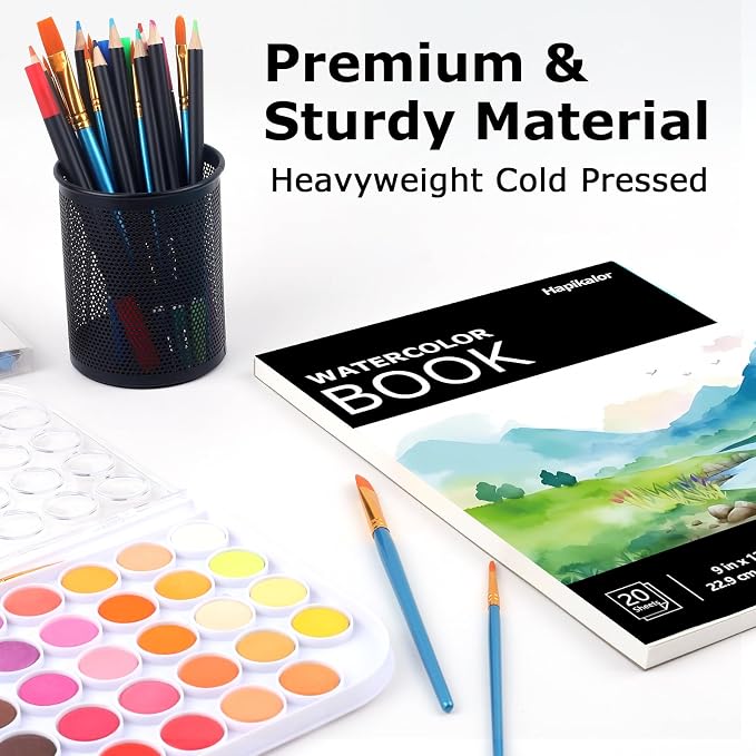 Hapikalor 9"x12" Watercolor Paper, 140lb/300gsm Water Color Paper, Black | Artist Painting Drawing Paper Book, Art Supplies for Adults Kids, Watercolors, Watercolor Paint Set, Sketchbook, Journal