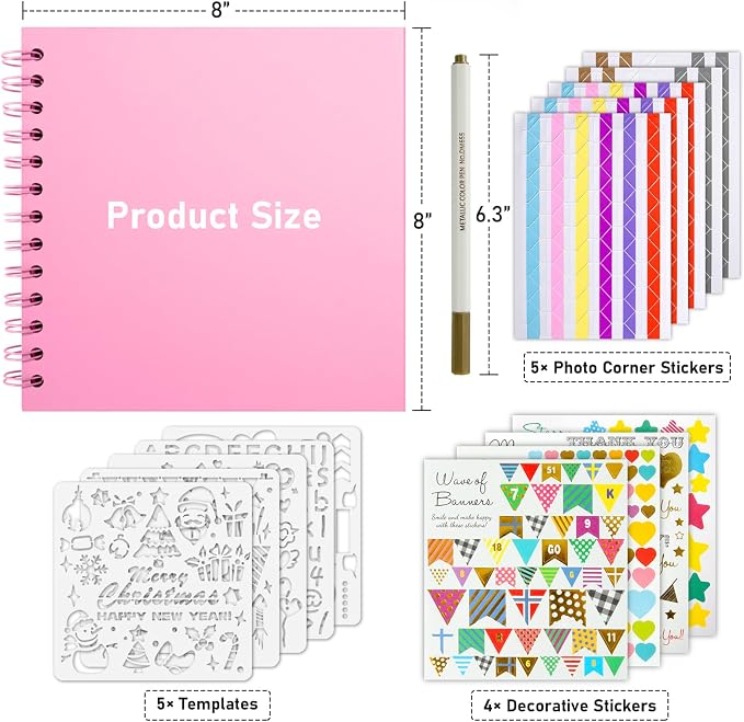 GOTIDEAL 8 x 8 Inch Scrapbook Album with Metallic Markers, Pink, 40 Pages | Kraft Paper Photo Albums for Wedding & Anniversary, Family DIY Scrap Books with Scrapbooking Stickers Corners
