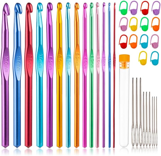 Vodiye 14 Sizes Crochet Hooks Set 2.0–10.0mm, Colorful Metal Crochet Needles, Ergonomic for Comfortable Crocheting