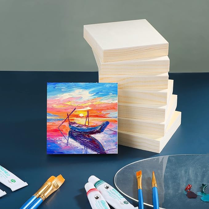 ADXCO 8 Pack Wood Panels 4 x 4 Inch Unfinished Wood Canvas Wooden Panel Boards for Painting, Pouring, Arts Use with Oils, Acrylics