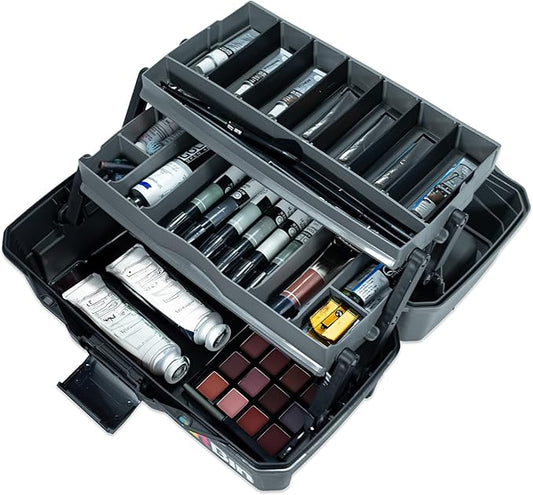 ArtBin 6892AG 2-Tray Art Supply Box, Portable Art & Craft Organizer with Lift-Up Trays, [1] Plastic Storage Case, Gray/Black
