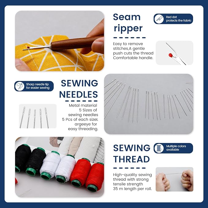 TLKKUE 40 Pcs Sewing Kit, Steel Needles for Hand Sewing with Threads | Sewing Kit for Adults with Sewing Needles Storage Bag Thimbles Seam Rippers for Repair Clothing (Red/White/Black Thread)